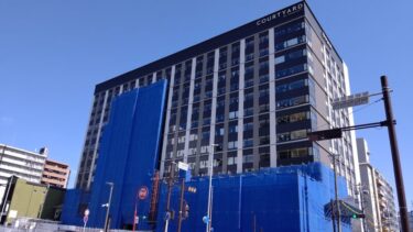 堀川沿いに勇姿・・・「コートヤード・バイ・マリオット名古屋」建設状況　2021年５月